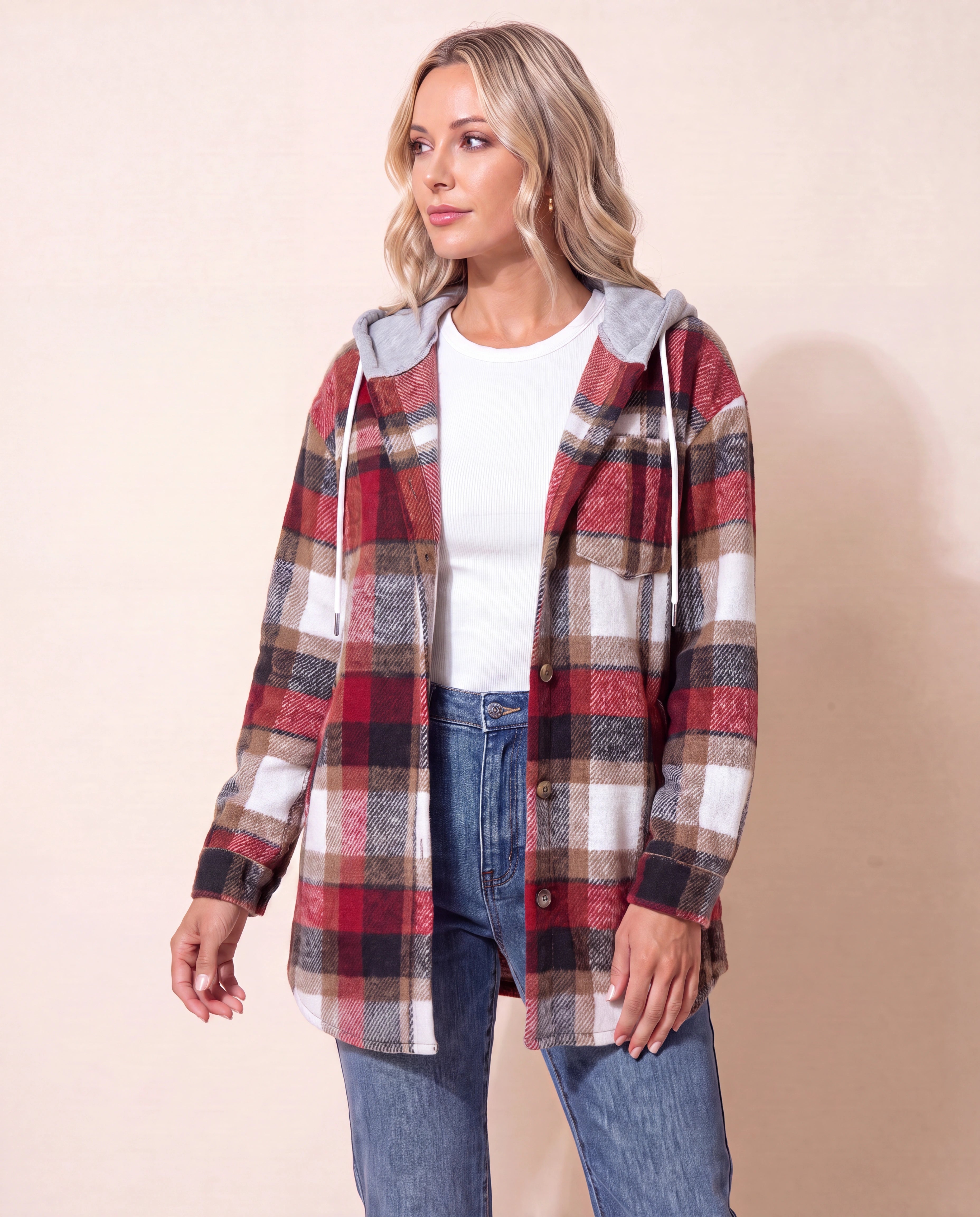 Women's Plaid Check Hooded Button Up Jacket