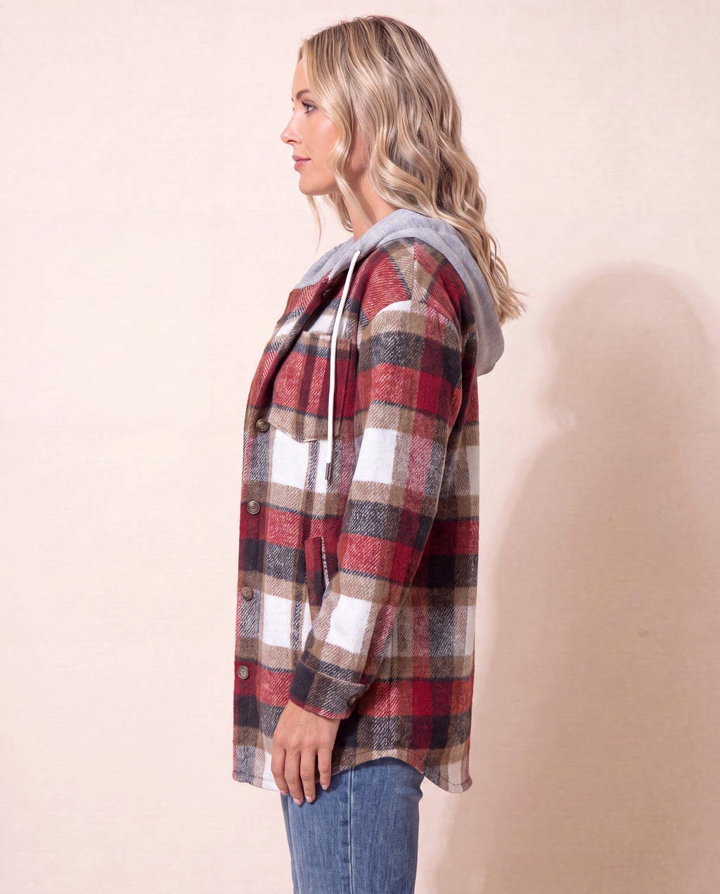 Women's Plaid Check Hooded Button Up Jacket