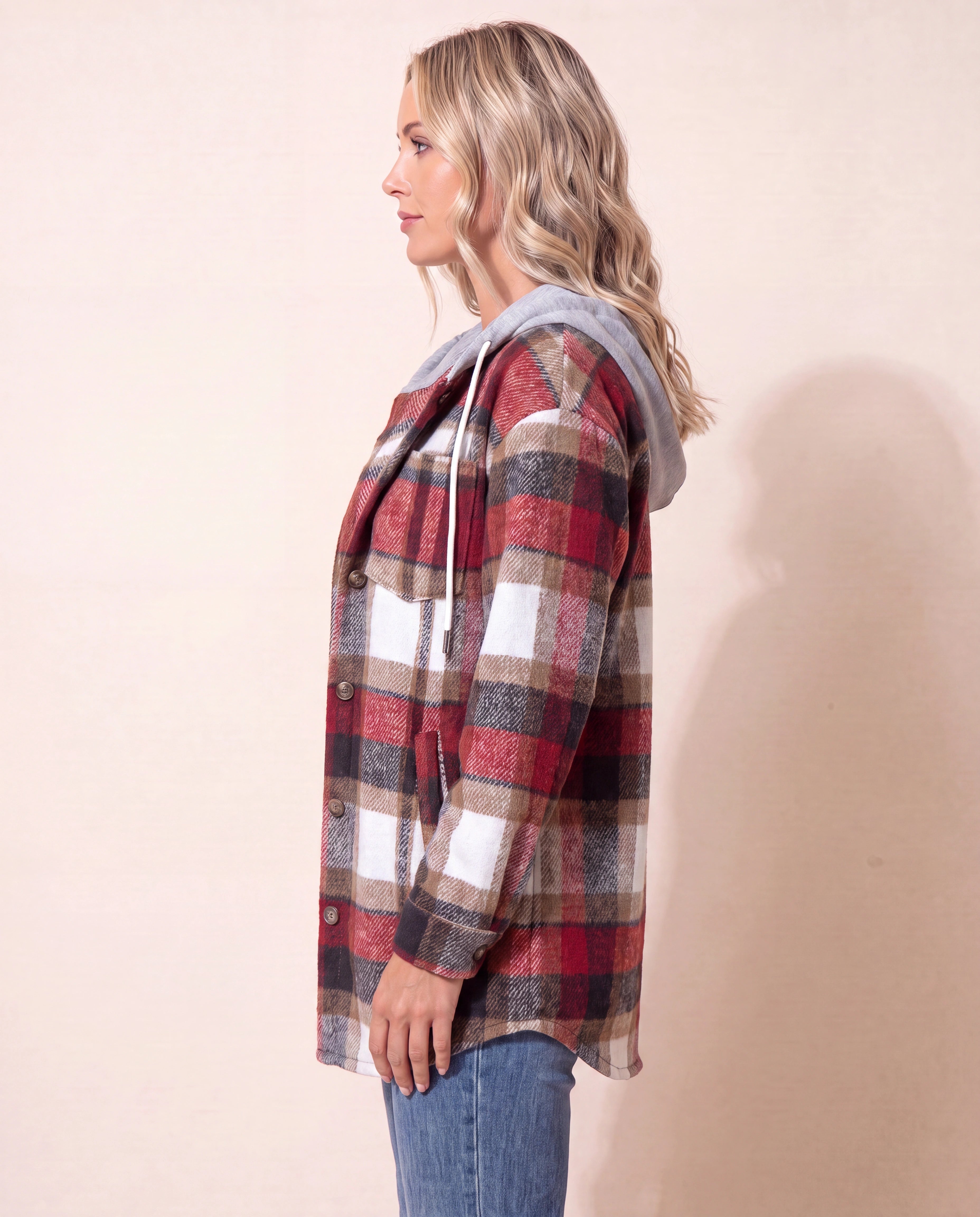 Women's Plaid Check Hooded Button Up Jacket
