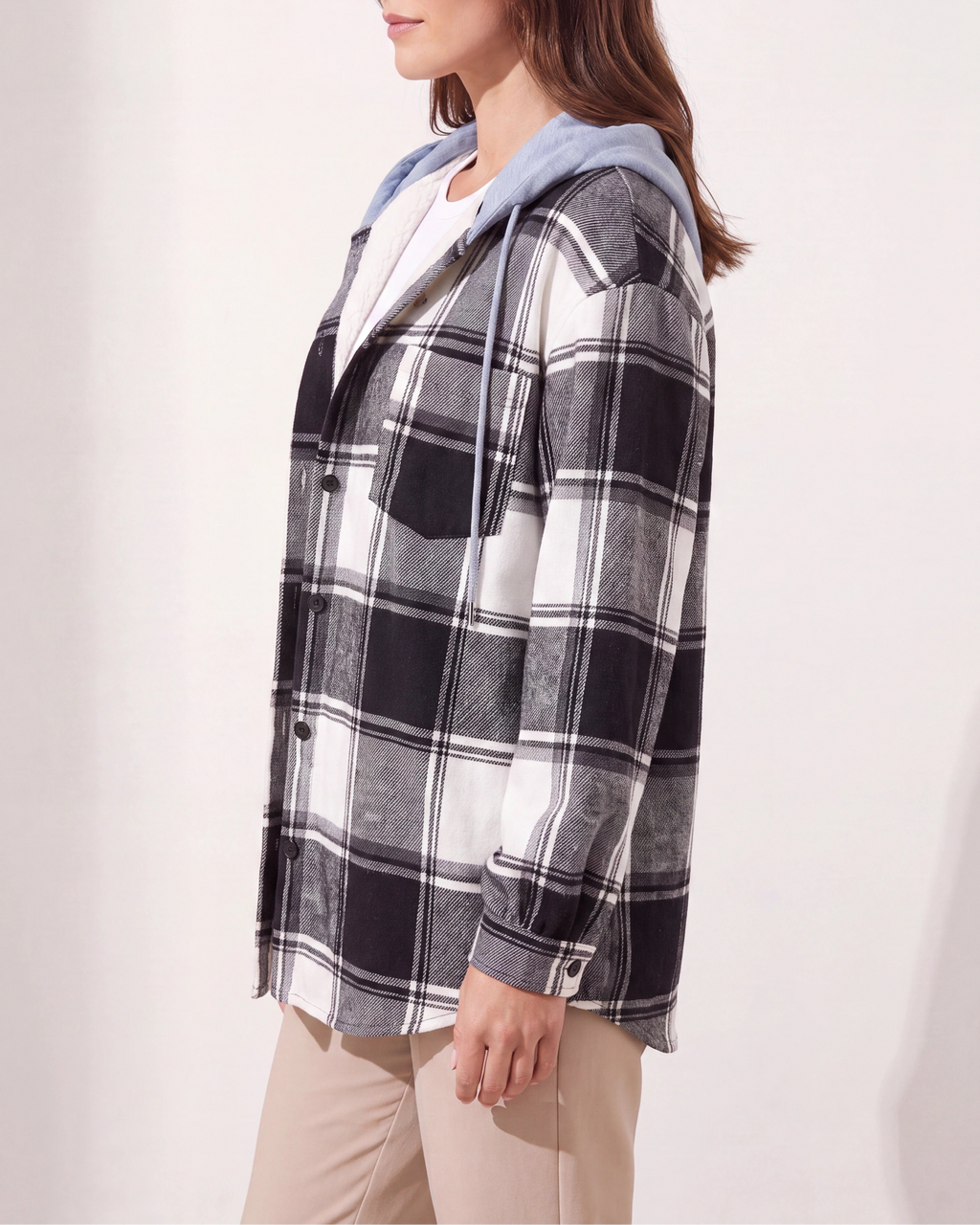 Women's Plaid Check Hooded Drawstring Shacket Jacket