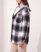 Women's Plaid Check Hooded Drawstring Shacket Jacket