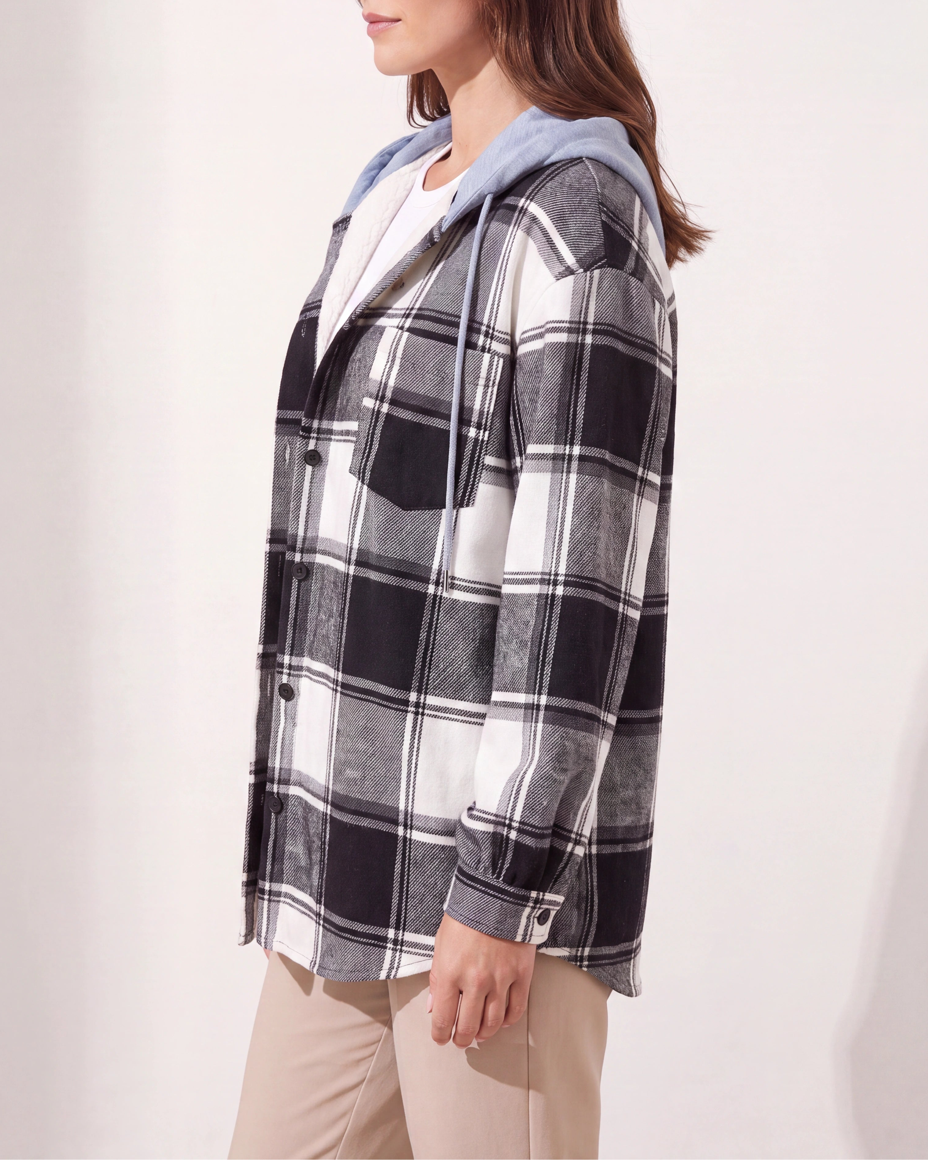 Women's Plaid Check Hooded Drawstring Shacket Jacket