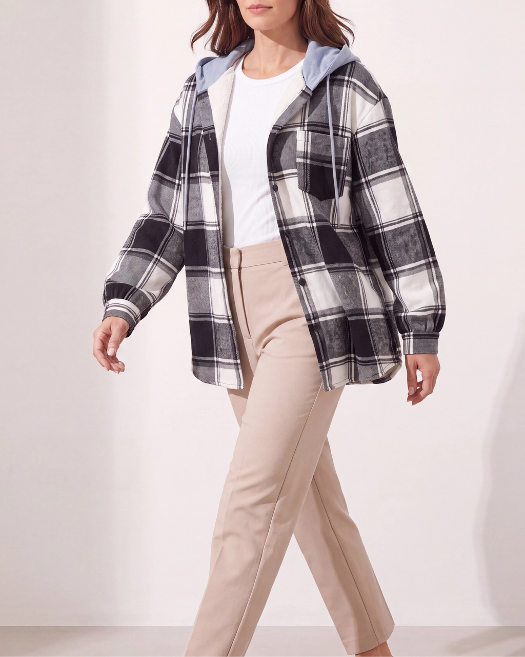Women's Plaid Check Hooded Drawstring Shacket Jacket
