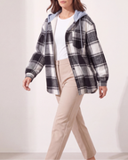 Women's Plaid Check Hooded Drawstring Shacket Jacket