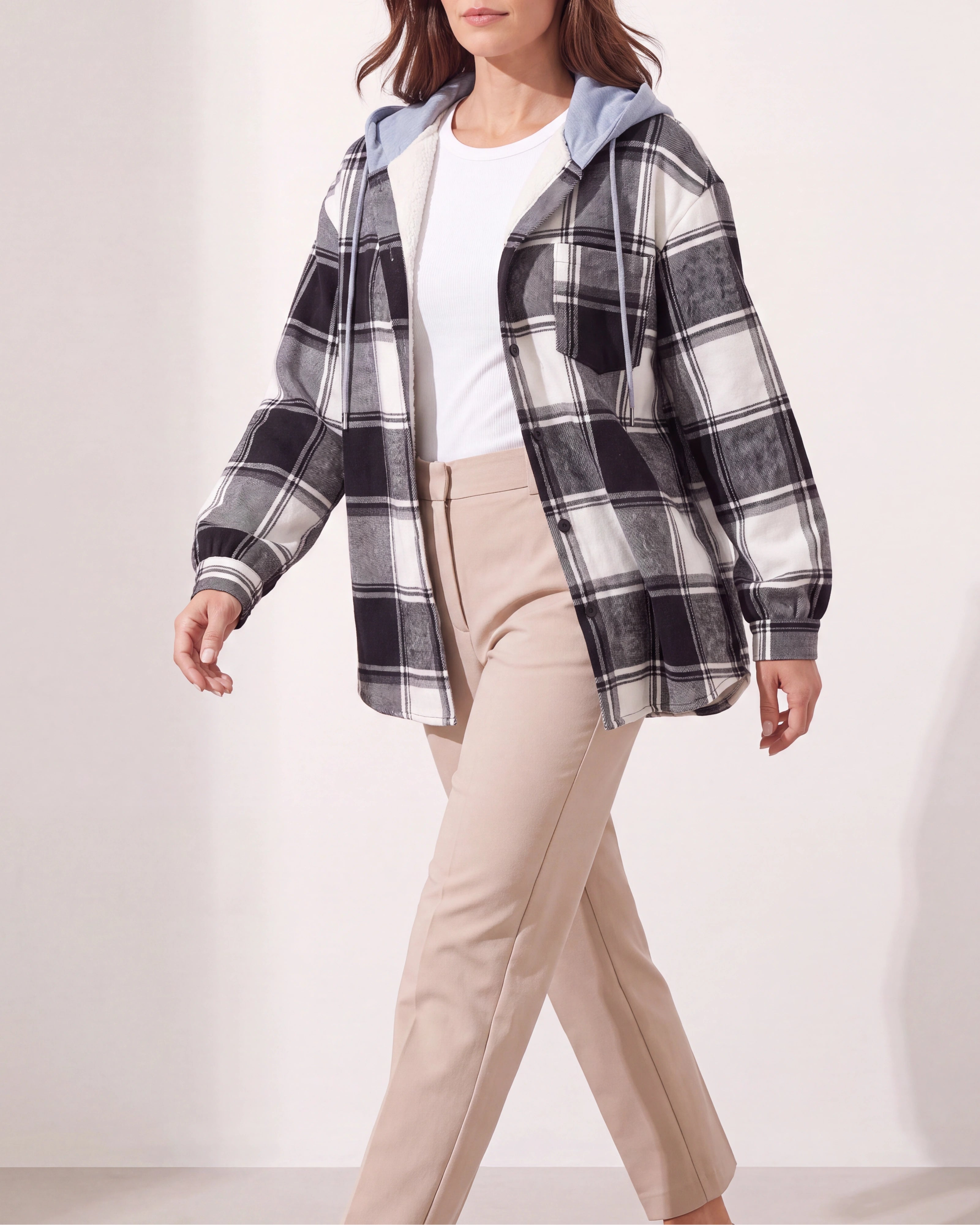 Women's Plaid Check Hooded Drawstring Shacket Jacket