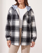 Women's Plaid Check Hooded Drawstring Shacket Jacket