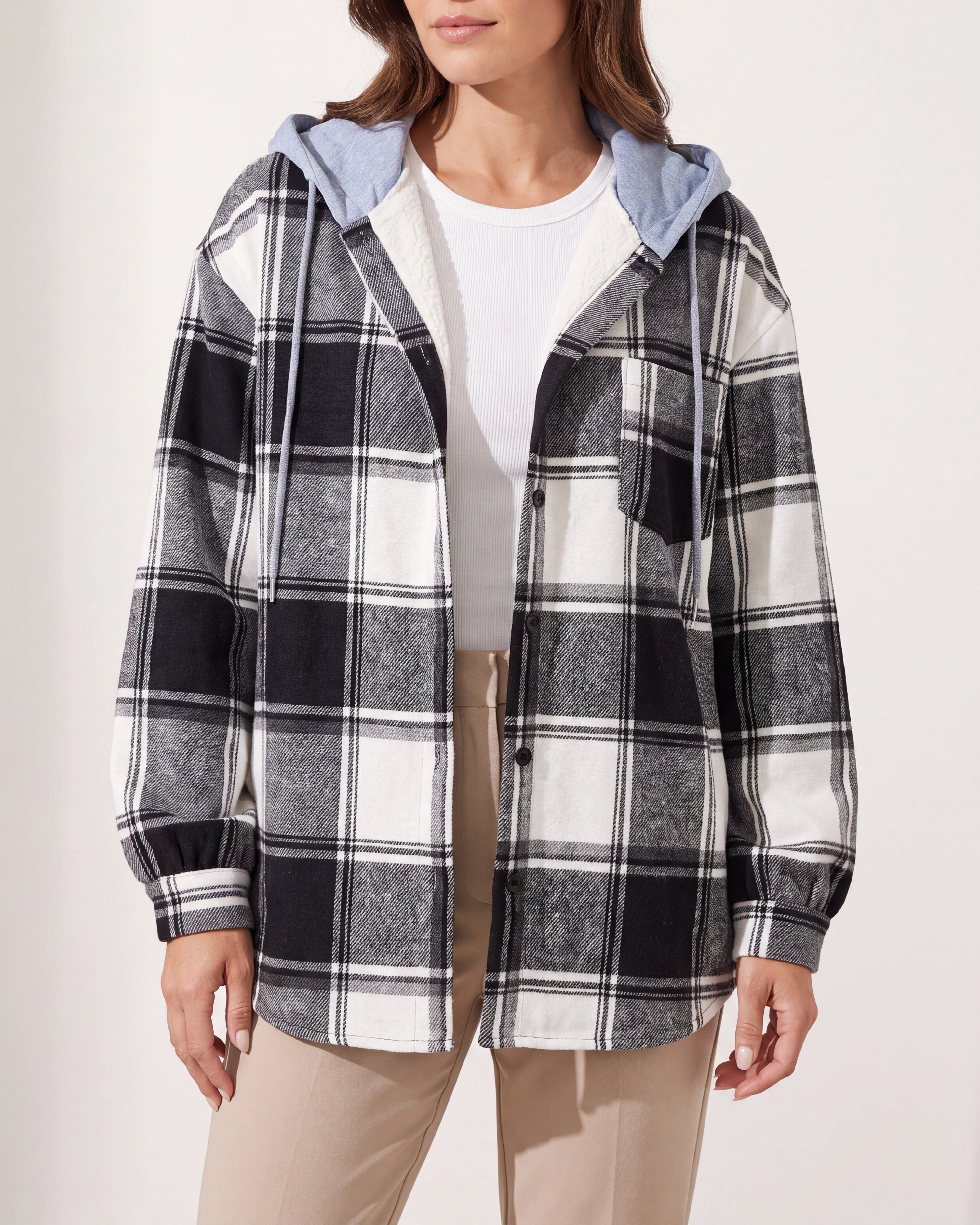 Women's Plaid Check Hooded Drawstring Shacket Jacket