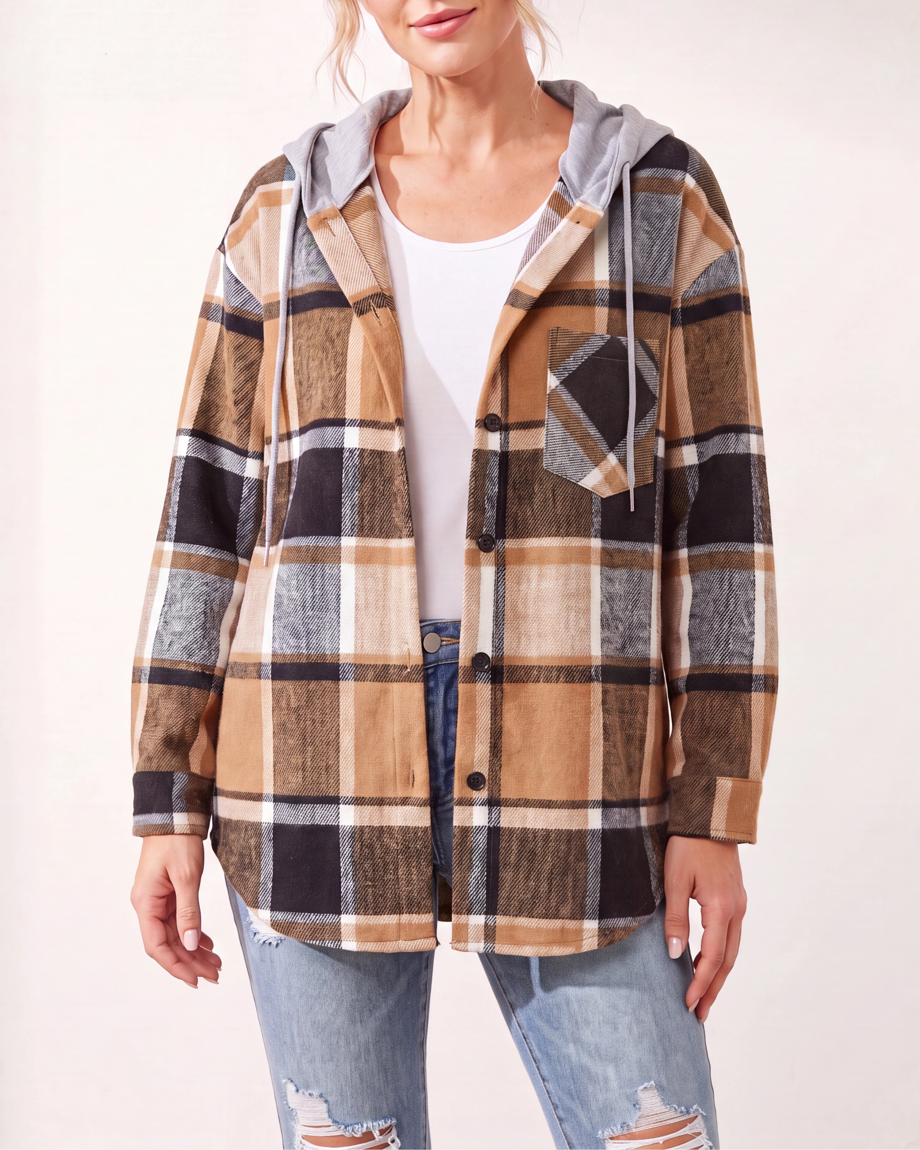 Women's Plaid Check Hooded Drawstring Shacket Jacket