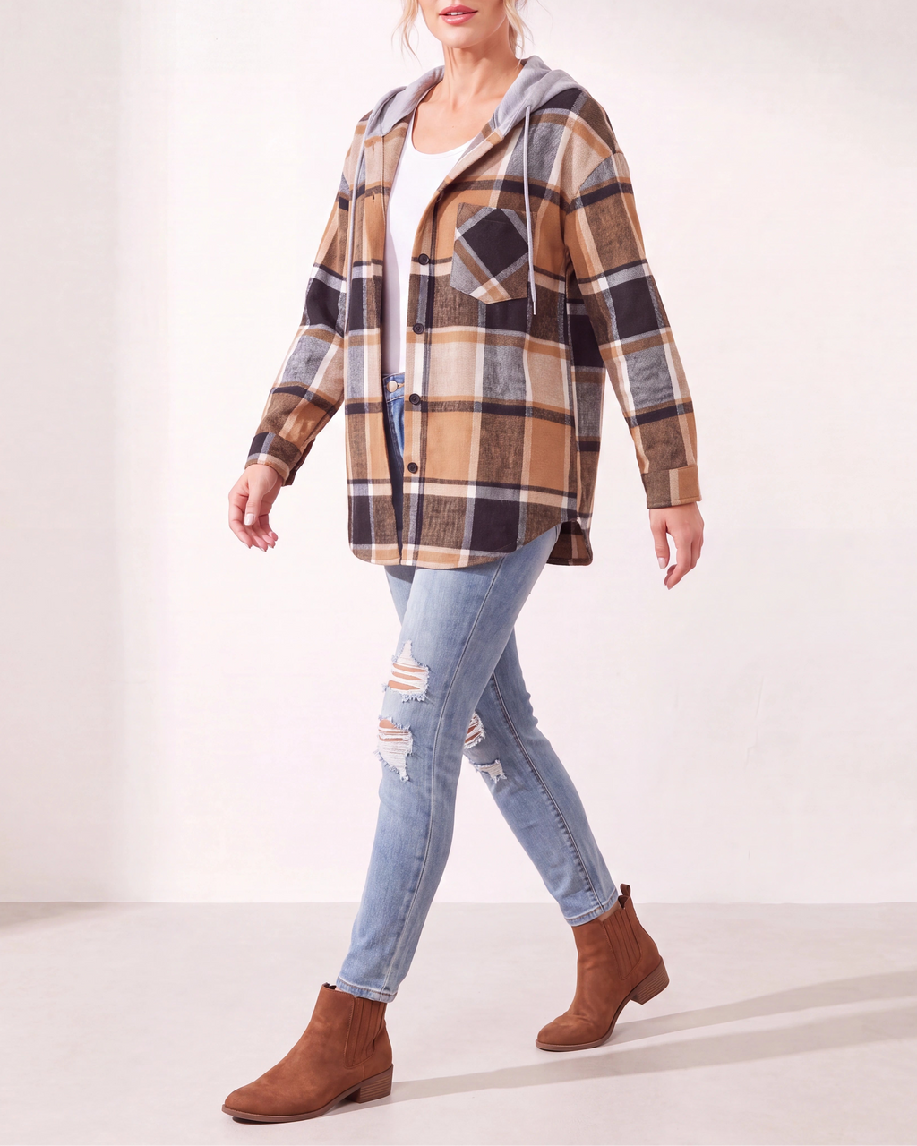 Women's Plaid Check Hooded Drawstring Shacket Jacket