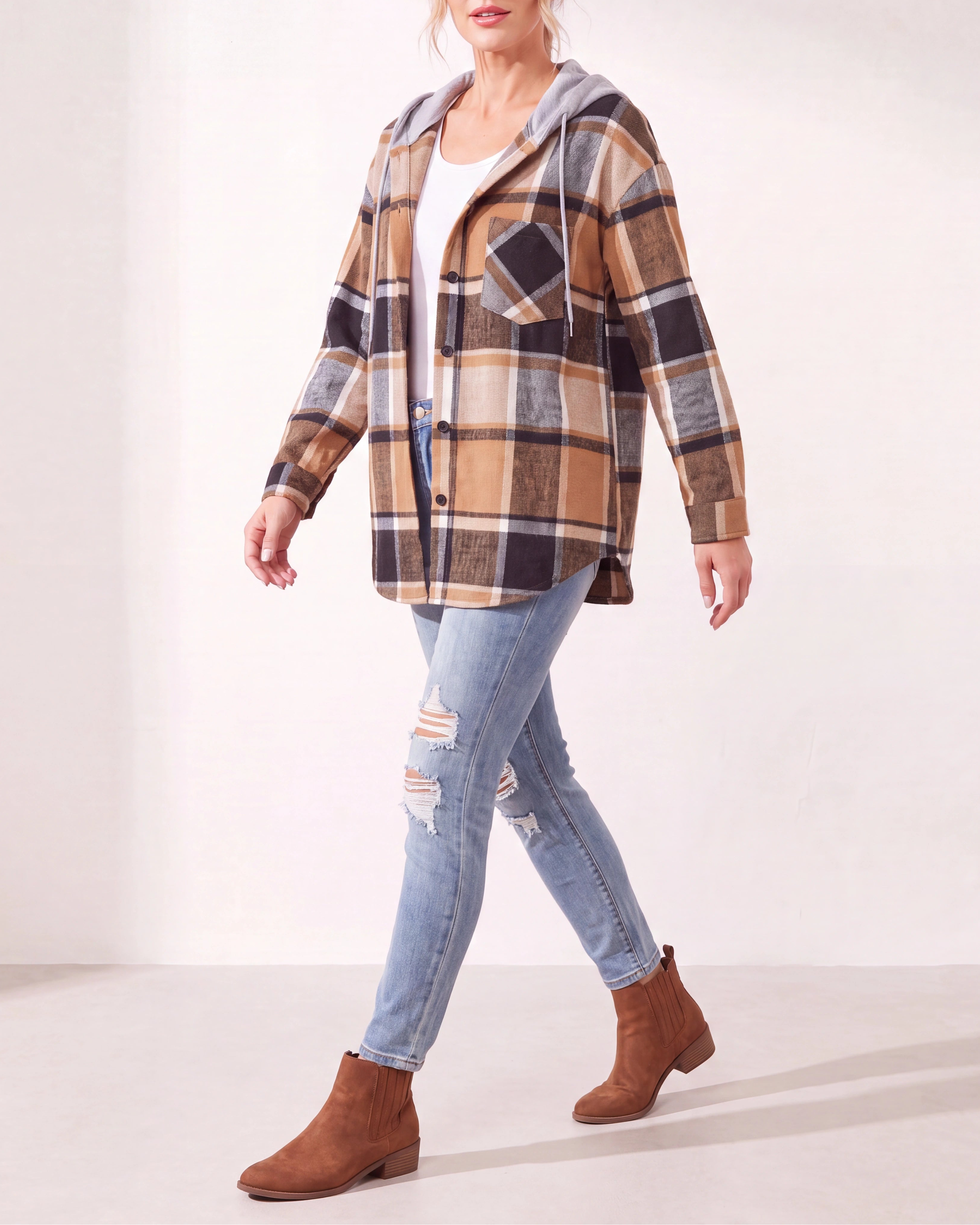 Women's Plaid Check Hooded Drawstring Shacket Jacket