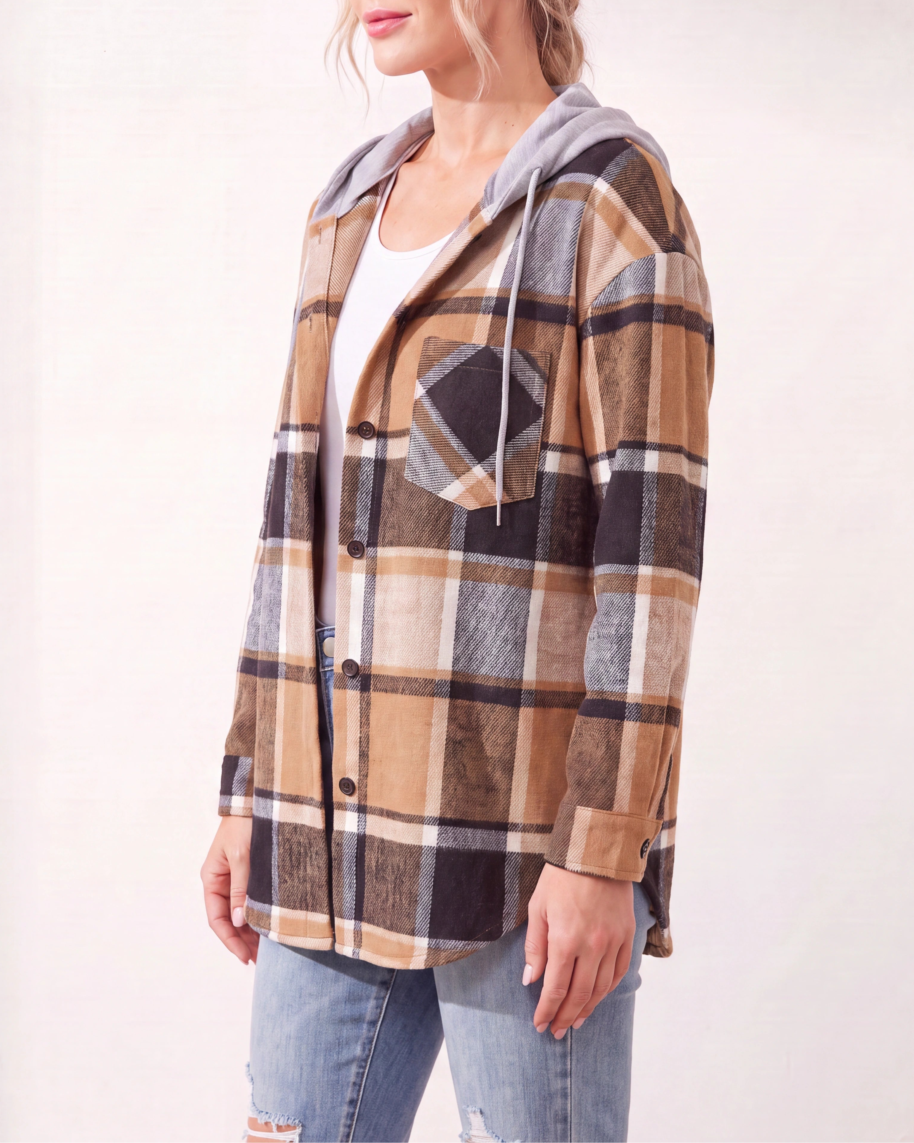 Women's Plaid Check Hooded Drawstring Shacket Jacket