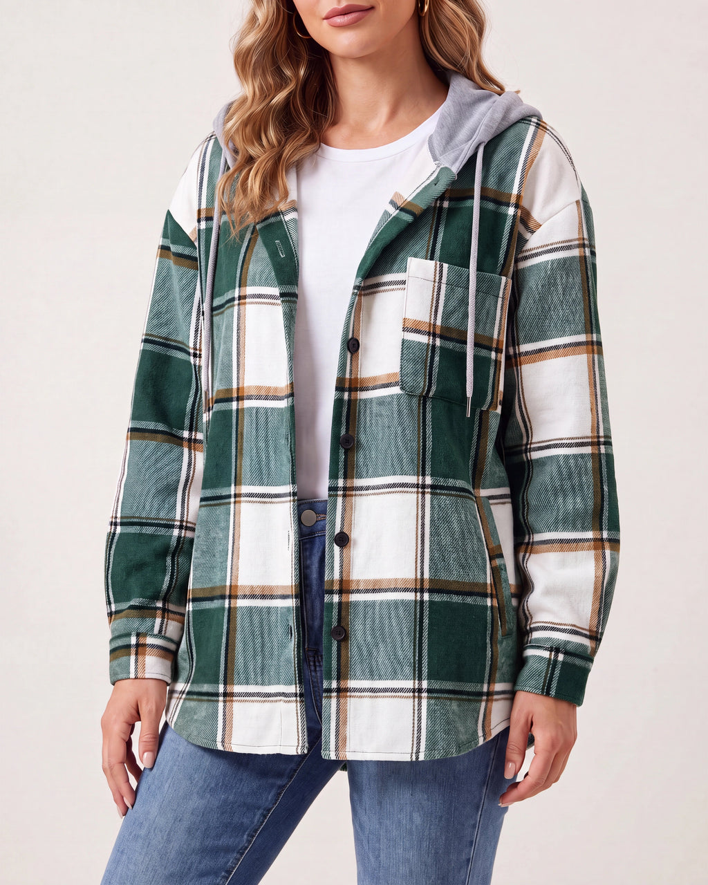 Women's Plaid Check Hooded Drawstring Shacket Jacket