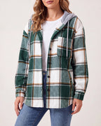 Women's Plaid Check Hooded Drawstring Shacket Jacket