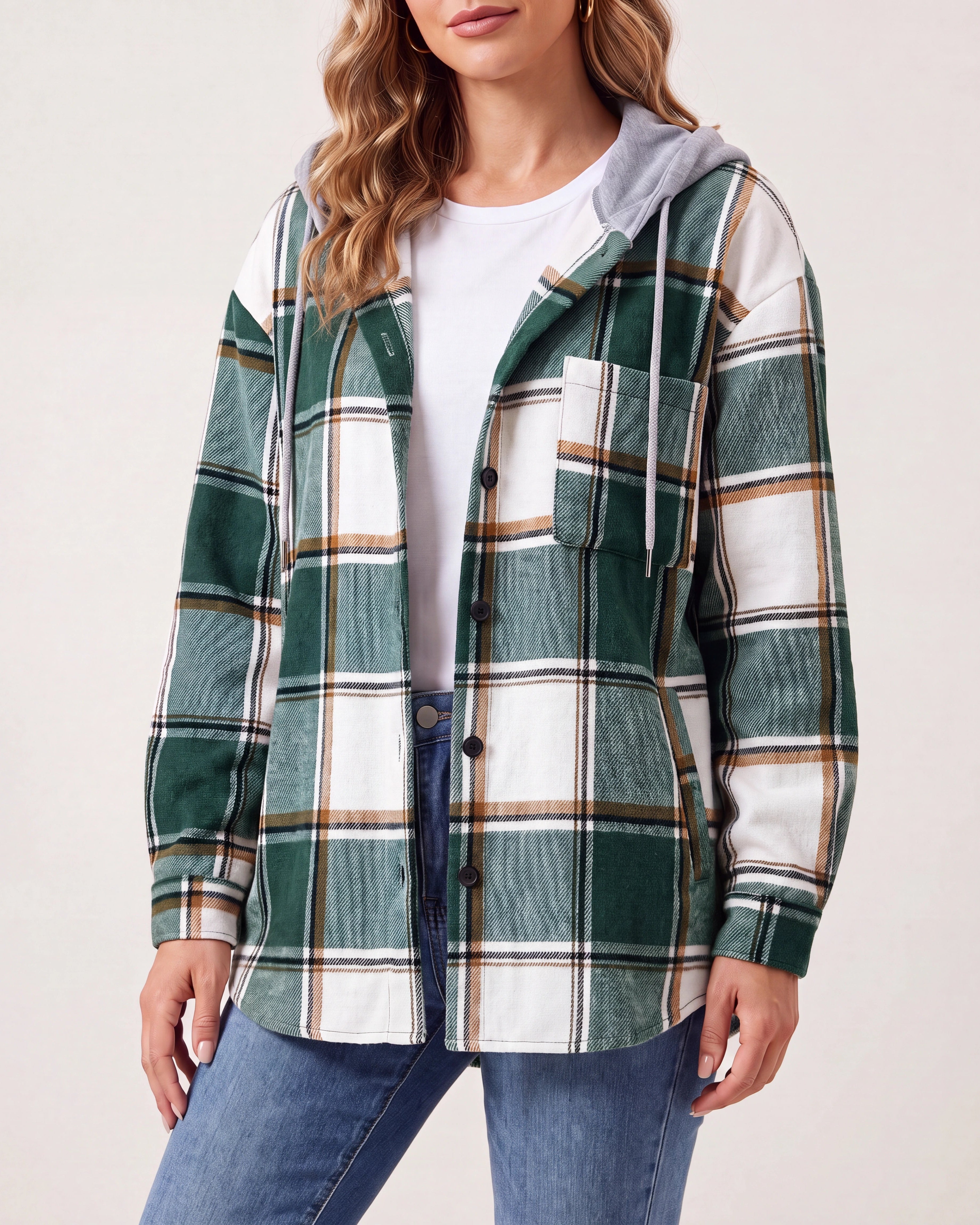 Women's Plaid Check Hooded Drawstring Shacket Jacket