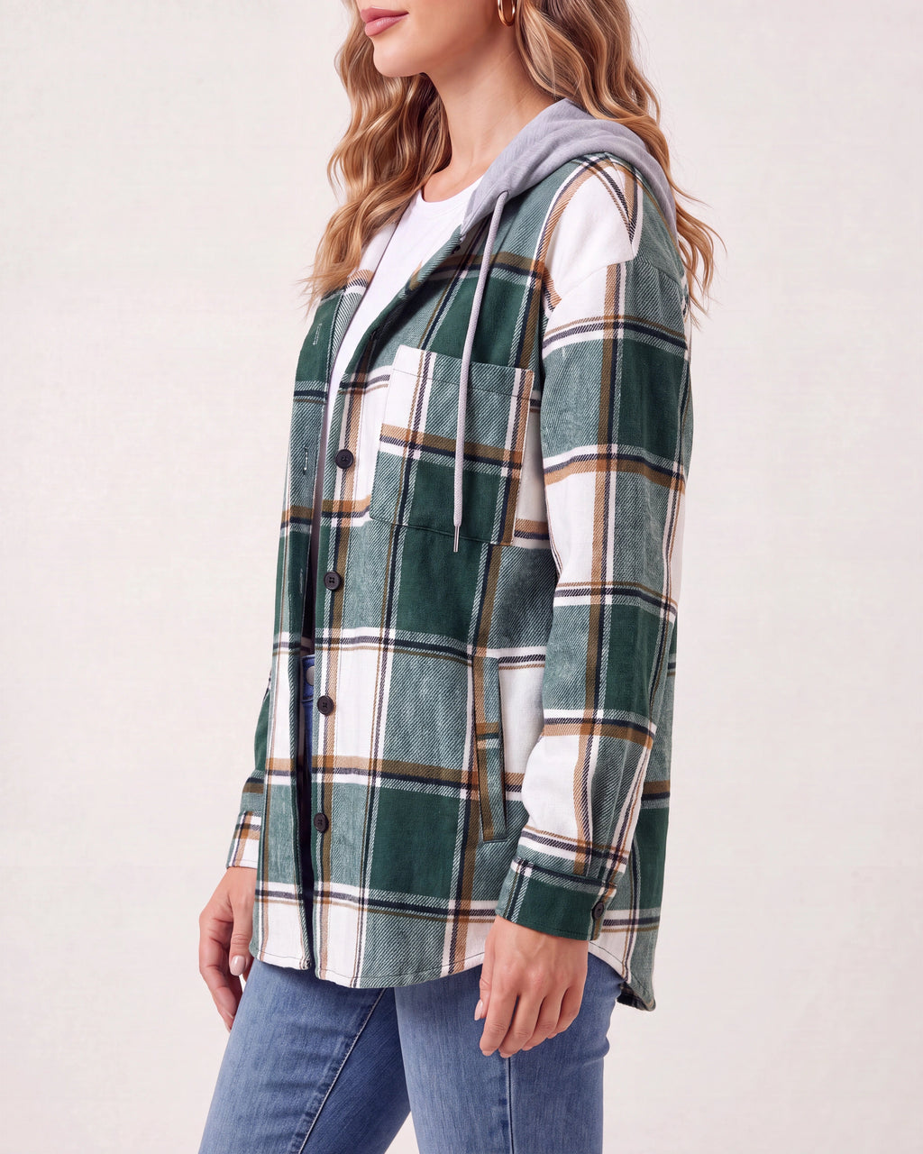 Women's Plaid Check Hooded Drawstring Shacket Jacket