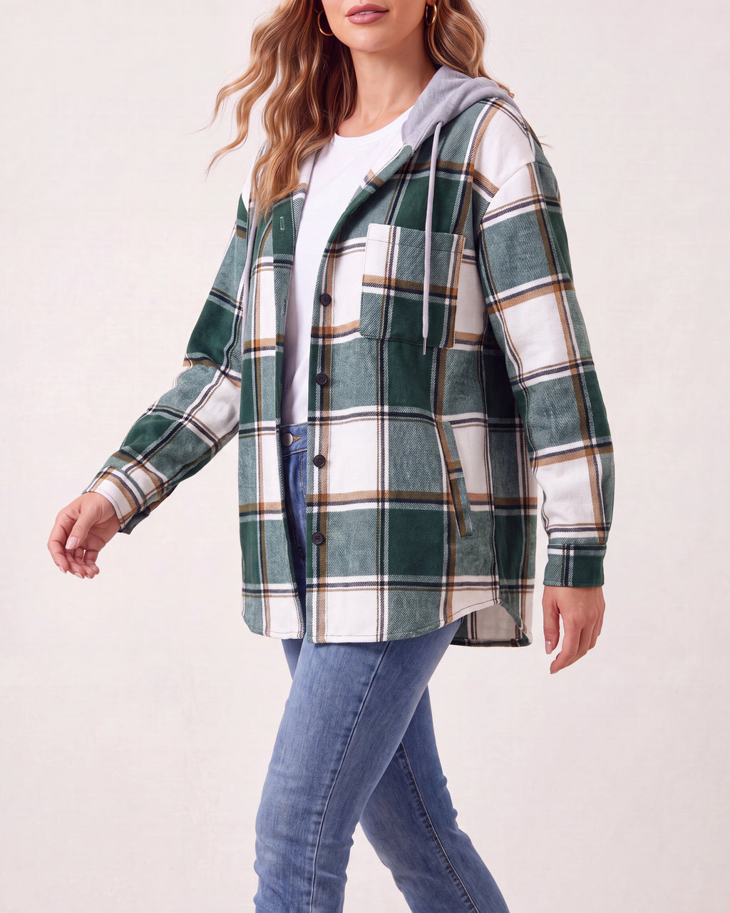 Women's Plaid Check Hooded Drawstring Shacket Jacket