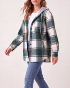 Women's Plaid Check Hooded Drawstring Shacket Jacket
