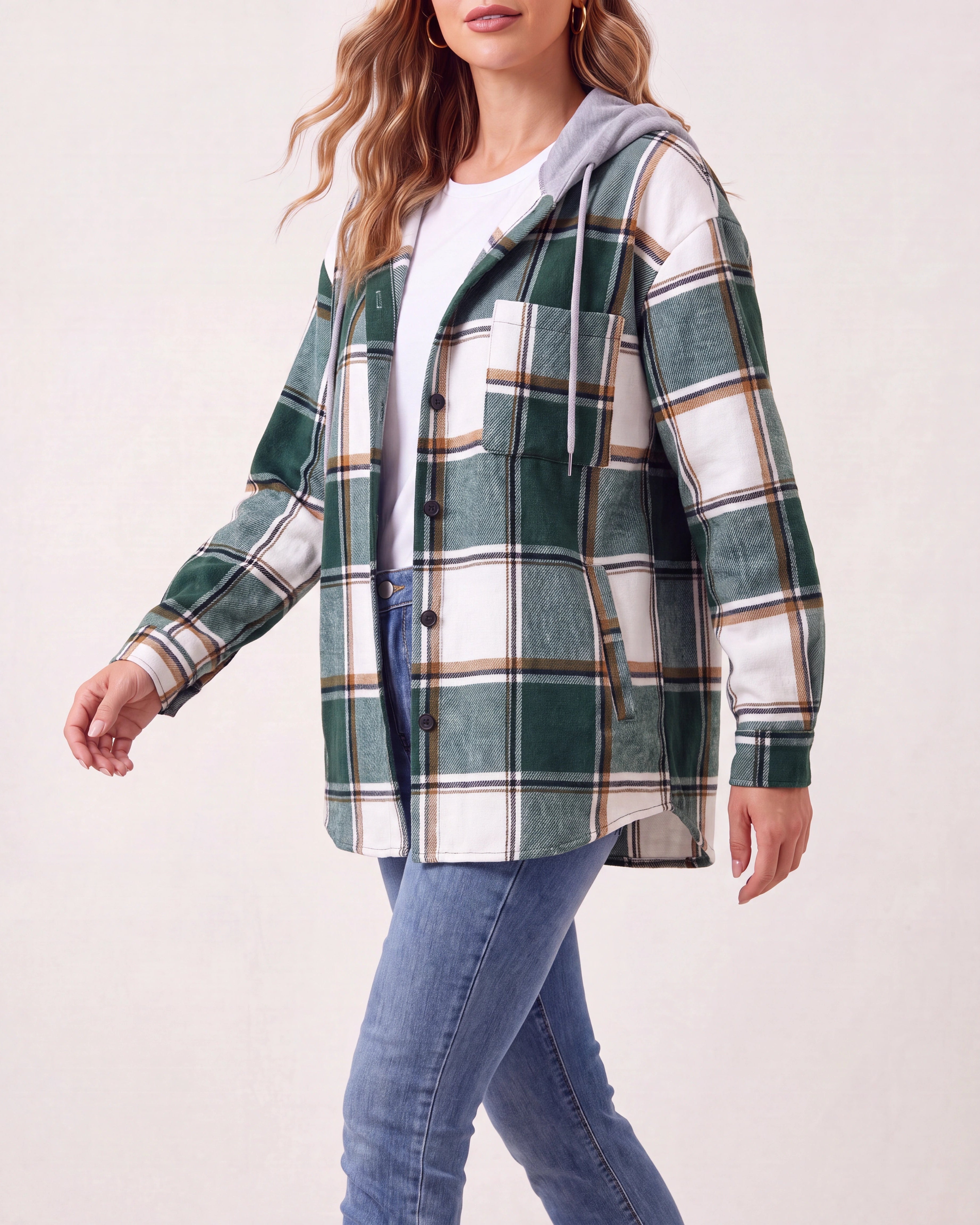 Women's Plaid Check Hooded Drawstring Shacket Jacket