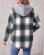 Women's Plaid Check Hooded Drawstring Shacket Jacket