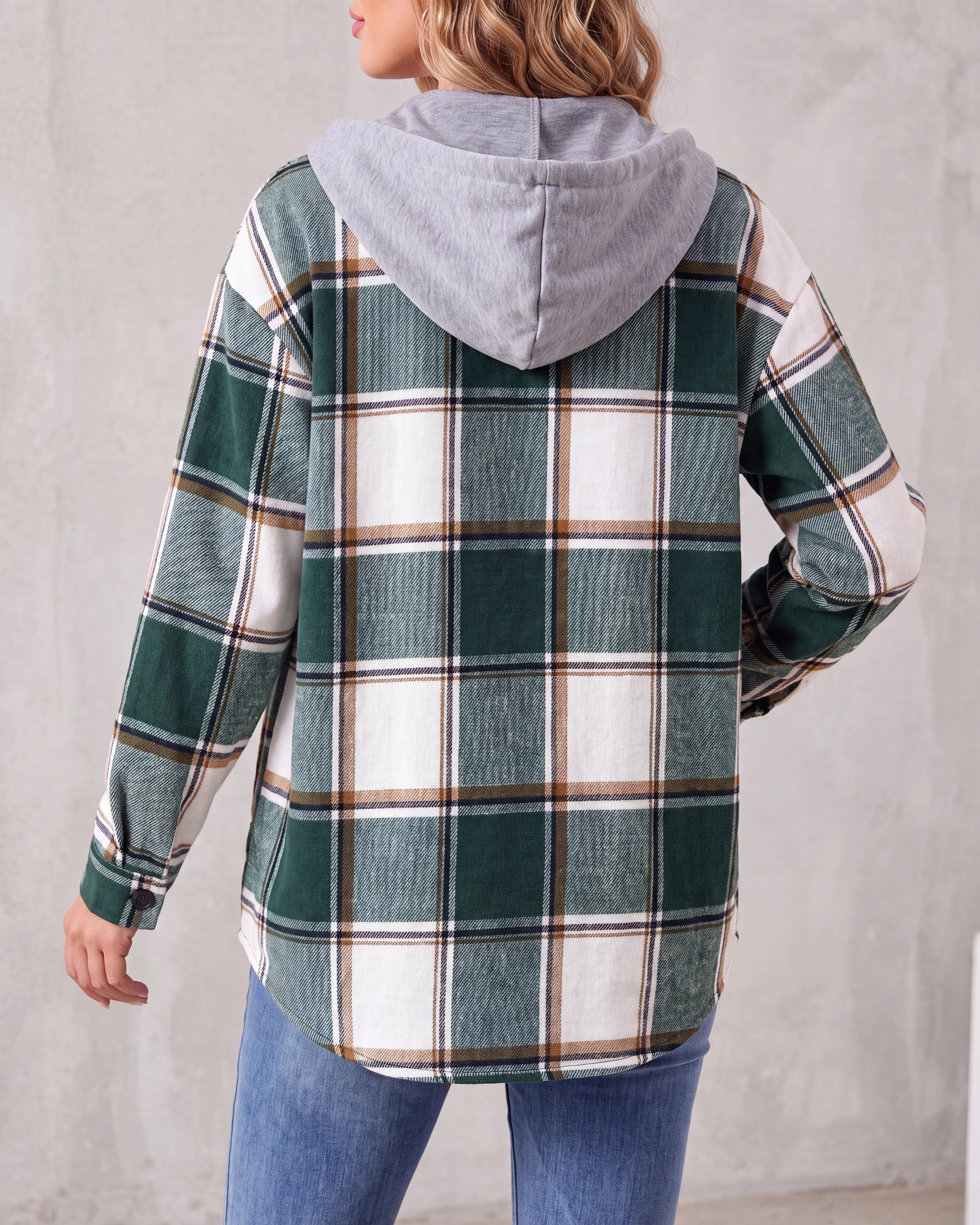 Women's Plaid Check Hooded Drawstring Shacket Jacket