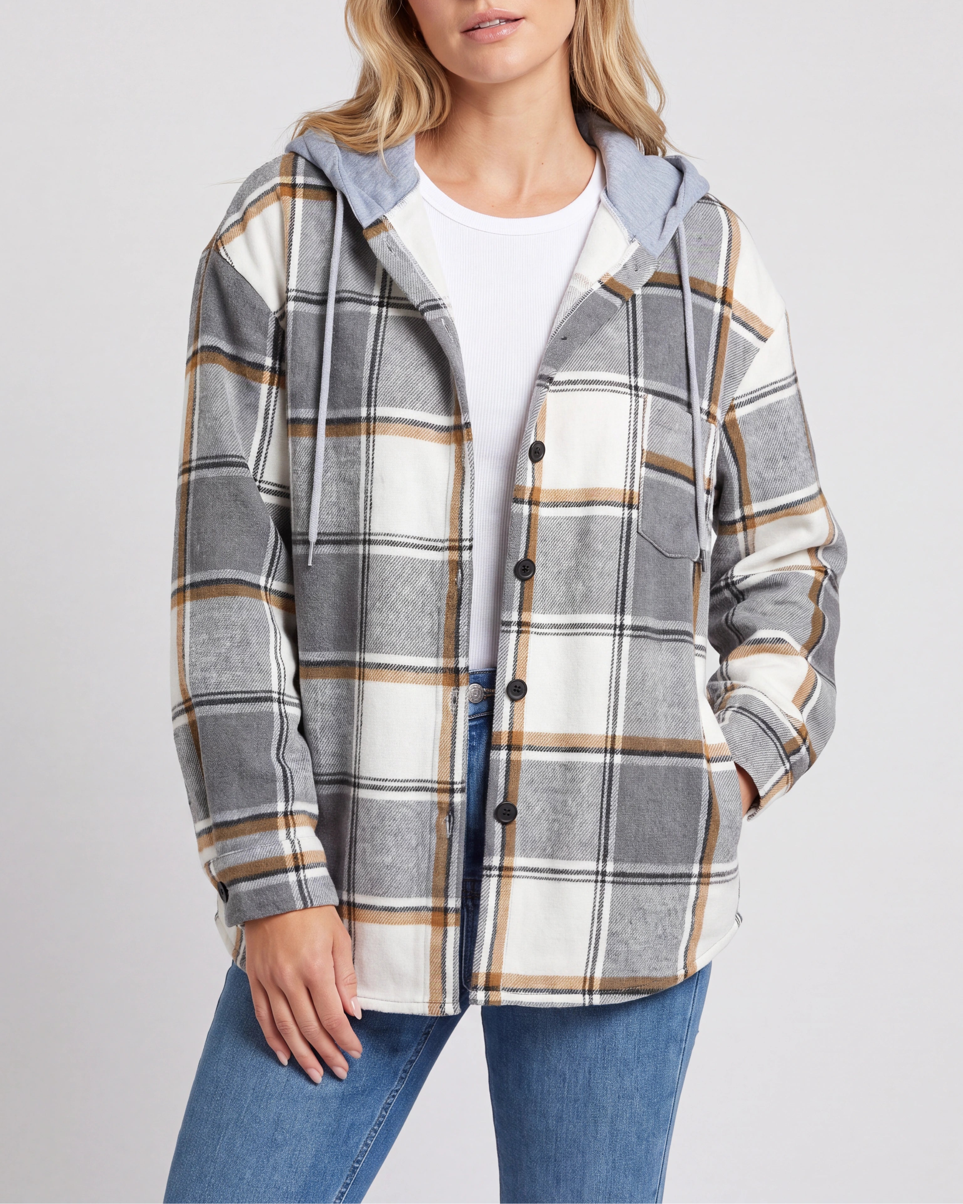 Women's Plaid Check Hooded Drawstring Shacket Jacket