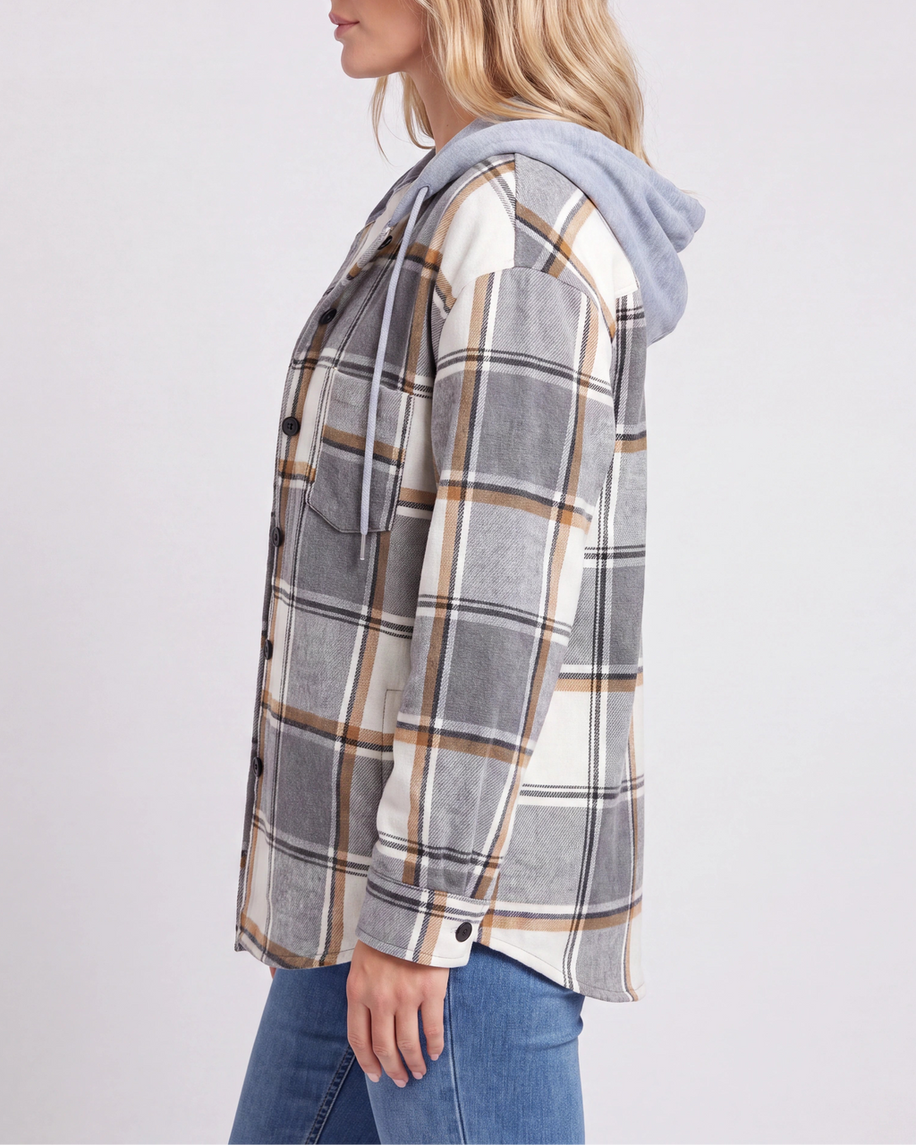 Women's Plaid Check Hooded Drawstring Shacket Jacket