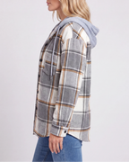 Women's Plaid Check Hooded Drawstring Shacket Jacket