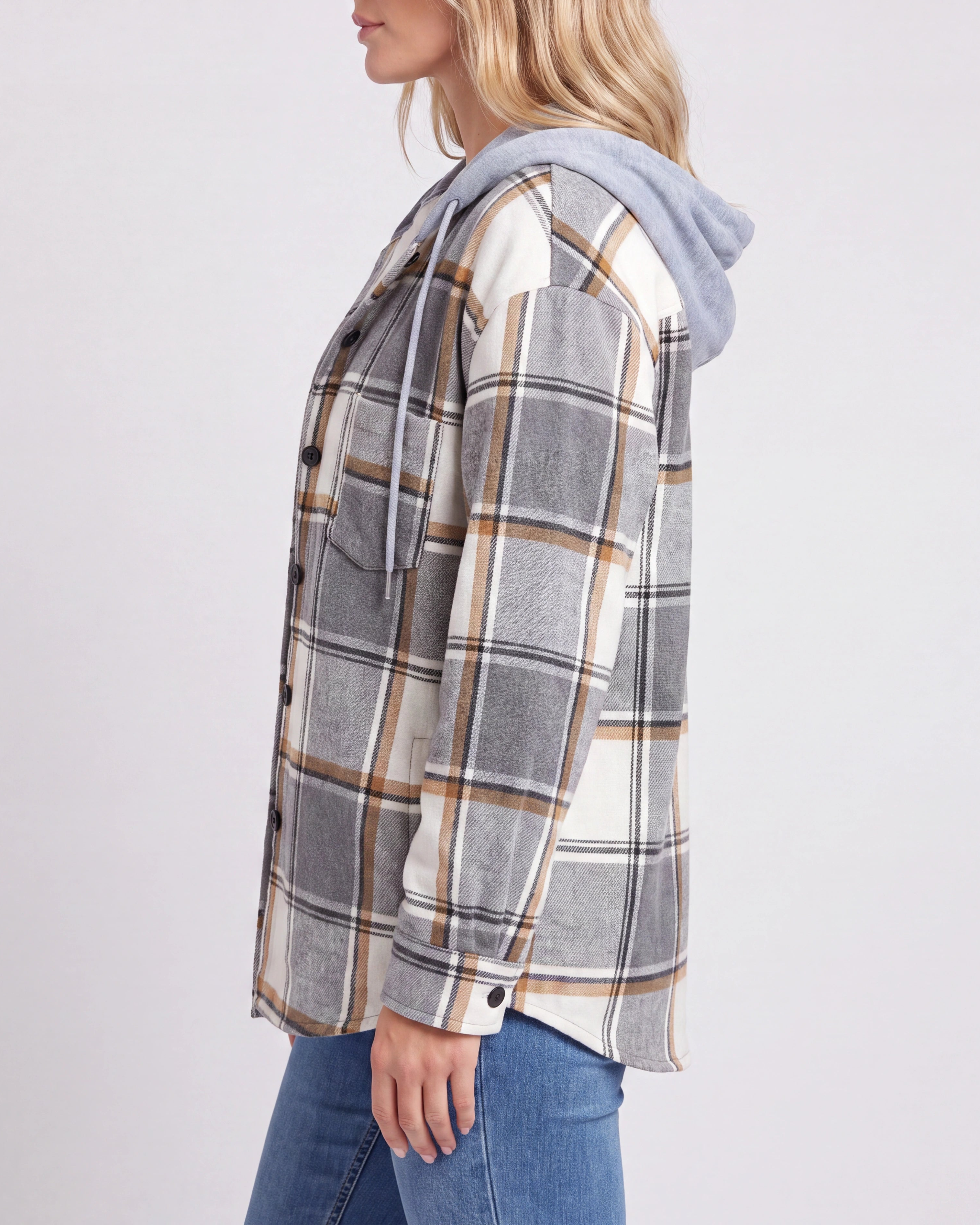 Women's Plaid Check Hooded Drawstring Shacket Jacket