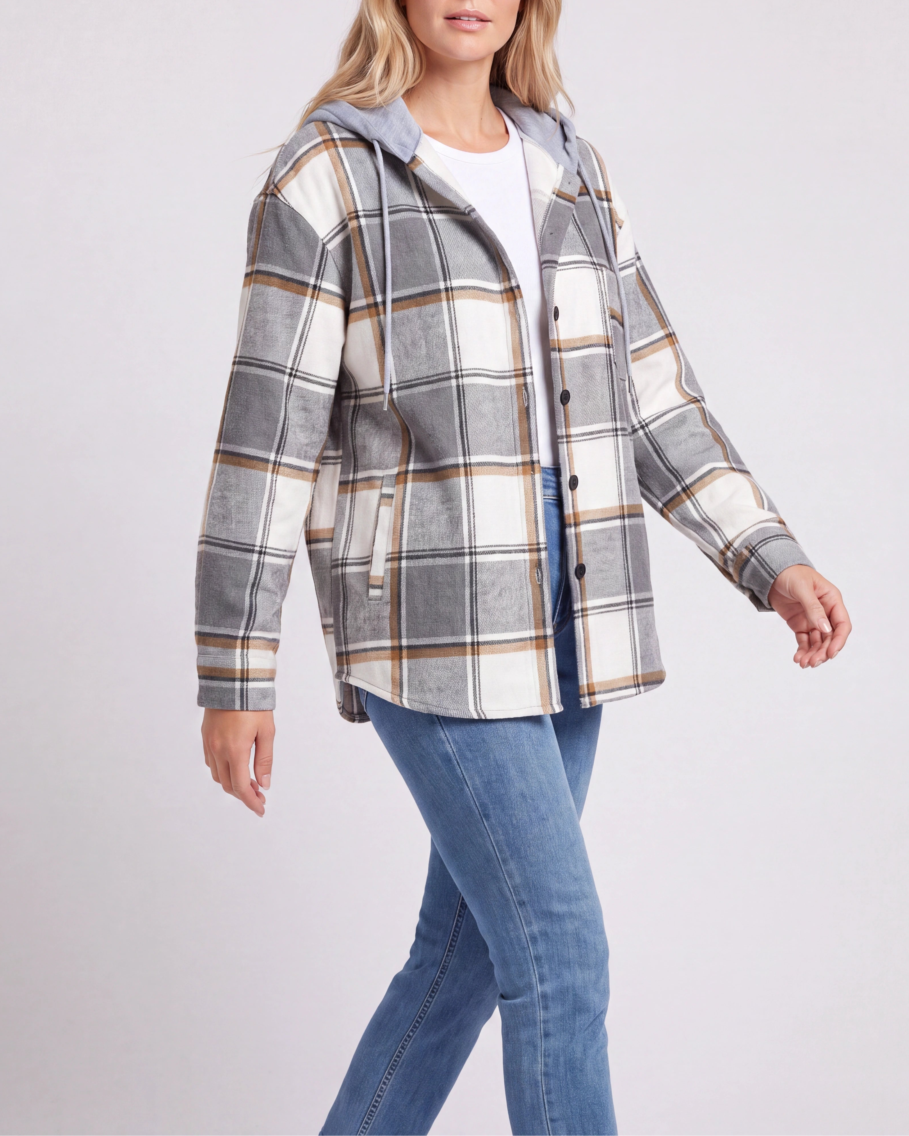 Women's Plaid Check Hooded Drawstring Shacket Jacket