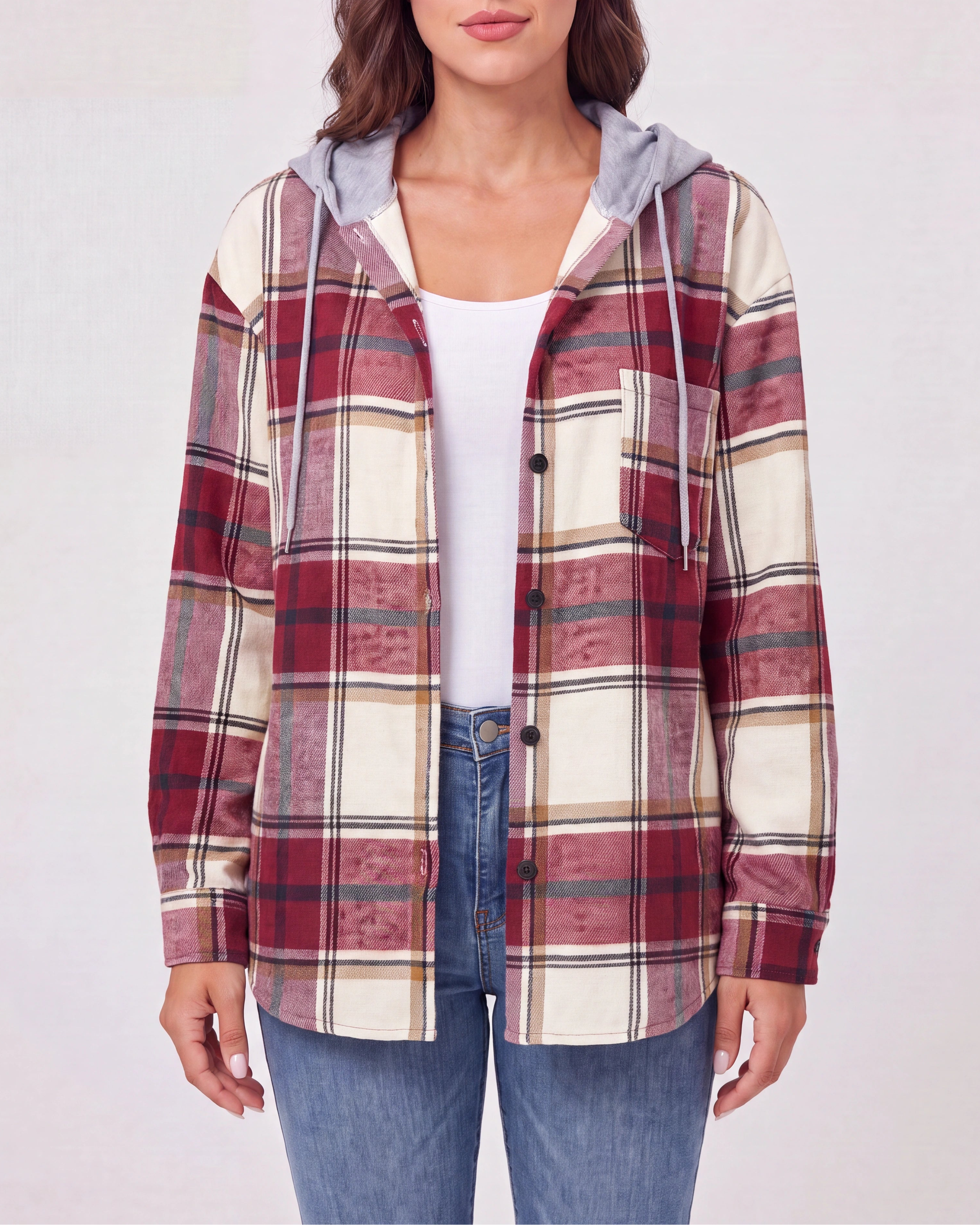 Women's Plaid Check Hooded Drawstring Shacket Jacket