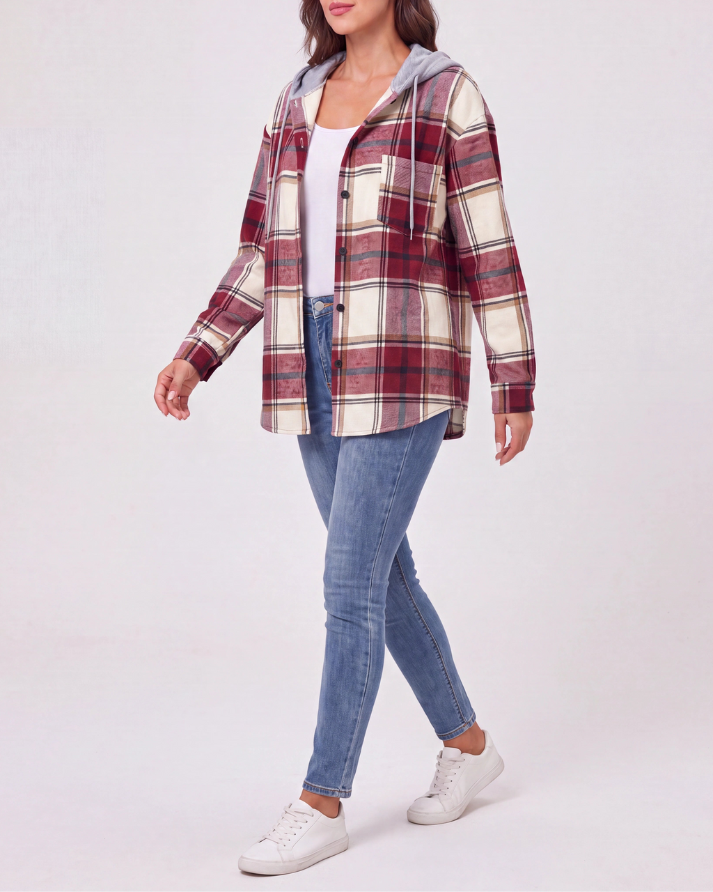 Women's Plaid Check Hooded Drawstring Shacket Jacket