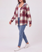 Women's Plaid Check Hooded Drawstring Shacket Jacket