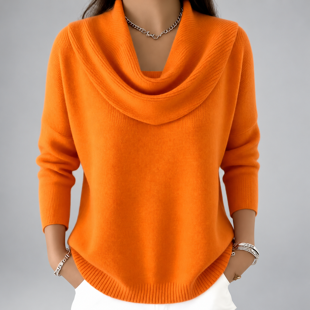Women's Cowl Neck Knit Jumper with Curved Hem