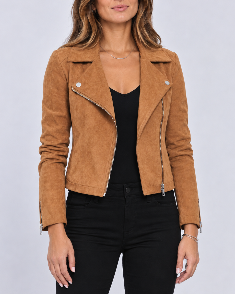 Women's Cropped Suede Look Biker Jacket with Lapel Collar and Zip Front
