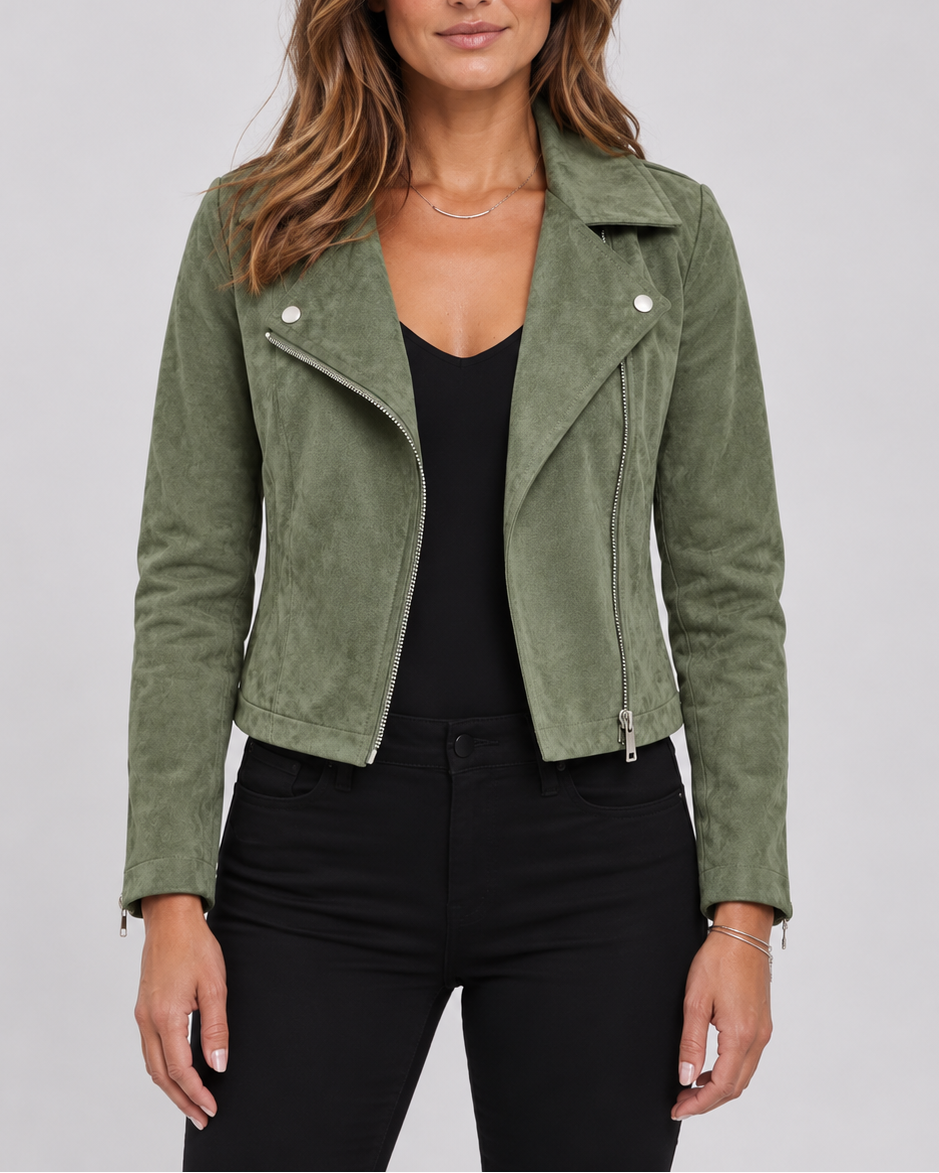 Women's Cropped Suede Look Biker Jacket with Lapel Collar and Zip Front