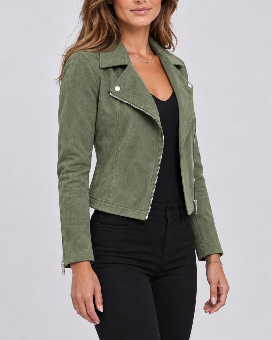 Women's Cropped Suede Look Biker Jacket with Lapel Collar and Zip Front