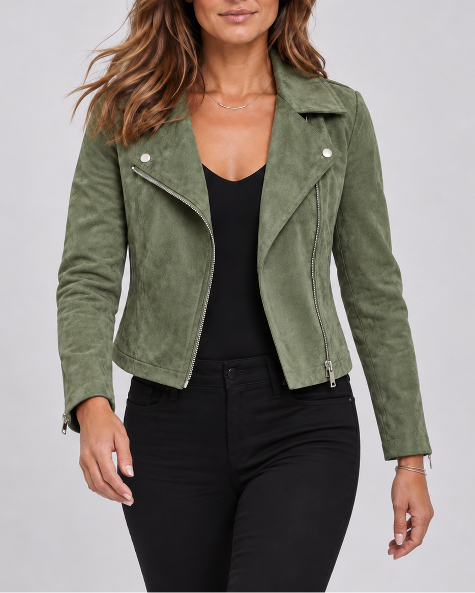Women's Cropped Suede Look Biker Jacket with Lapel Collar and Zip Front