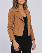 Women's Cropped Suede Look Biker Jacket with Lapel Collar and Zip Front