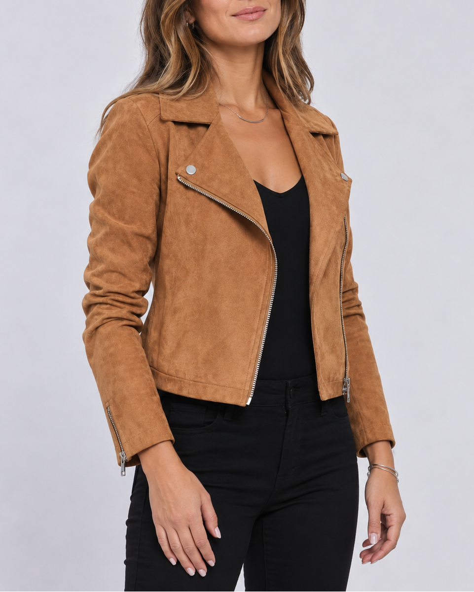 Women's Cropped Suede Look Biker Jacket with Lapel Collar and Zip Front