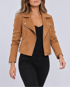 Women's Cropped Suede Look Biker Jacket with Lapel Collar and Zip Front