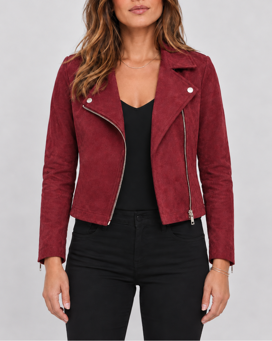 Women's Cropped Suede Look Biker Jacket with Lapel Collar and Zip Front