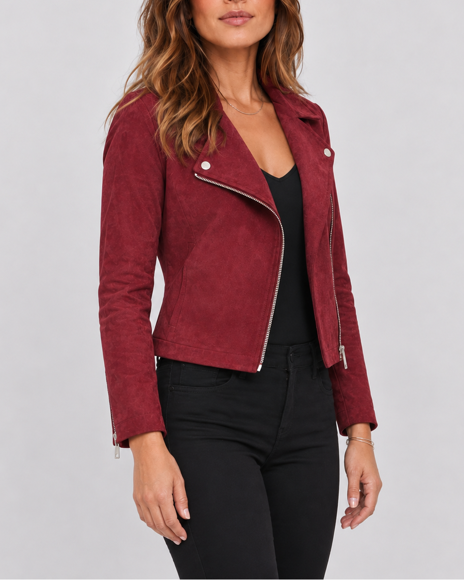 Women's Cropped Suede Look Biker Jacket with Lapel Collar and Zip Front