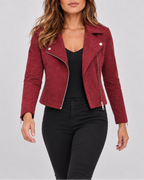 Women's Cropped Suede Look Biker Jacket with Lapel Collar and Zip Front