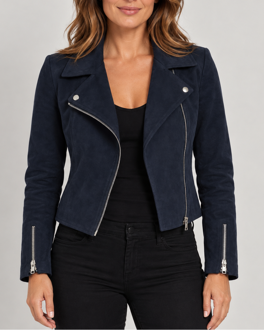 Women's Cropped Suede Look Biker Jacket with Lapel Collar and Zip Front