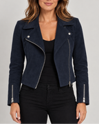 Women's Cropped Suede Look Biker Jacket with Lapel Collar and Zip Front