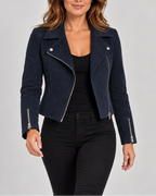 Women's Cropped Suede Look Biker Jacket with Lapel Collar and Zip Front