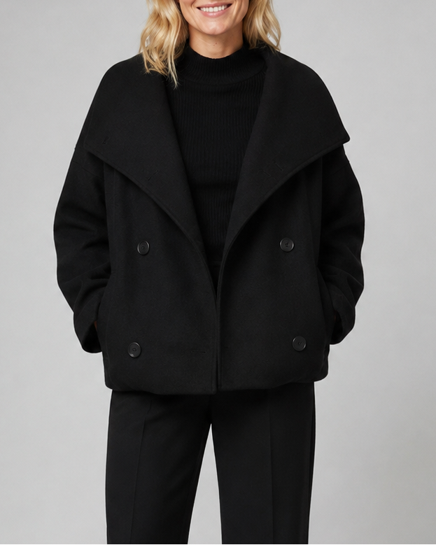 Women's Short Double Breasted Coat with Wide Lapel Collar