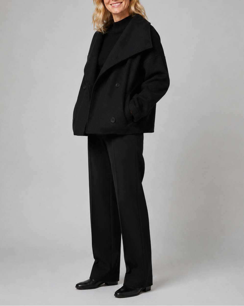 Women's Short Double Breasted Coat with Wide Lapel Collar