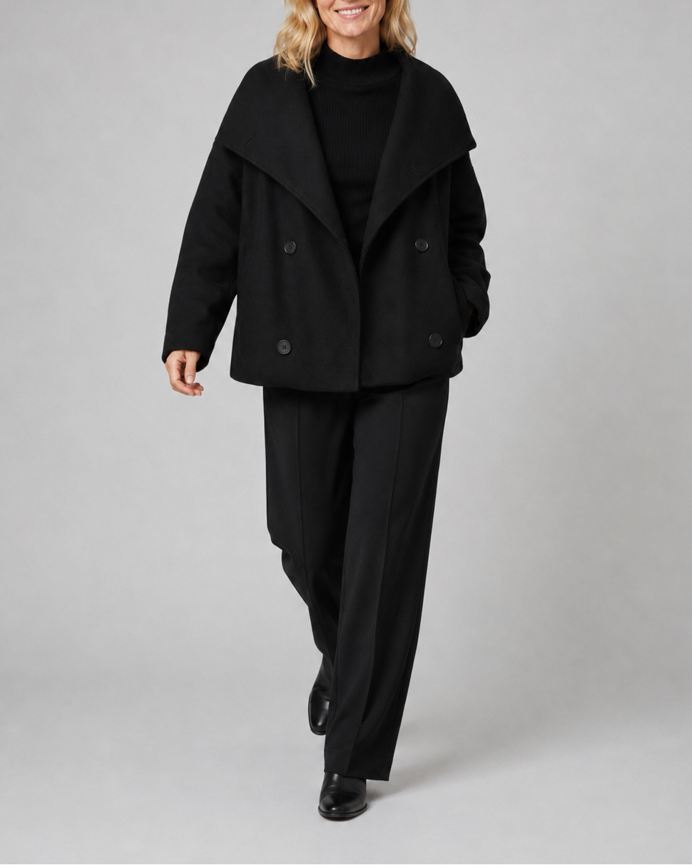 Women's Short Double Breasted Coat with Wide Lapel Collar