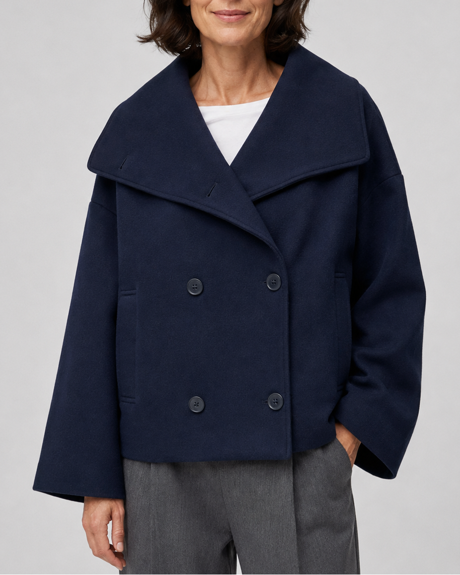 Women's Short Double Breasted Coat with Wide Lapel Collar